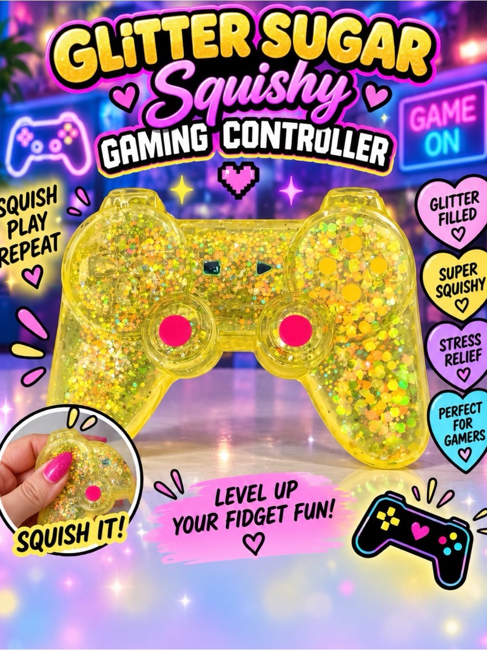 Glitter Sugar Squishy Gaming Controller - Yellow Glitter